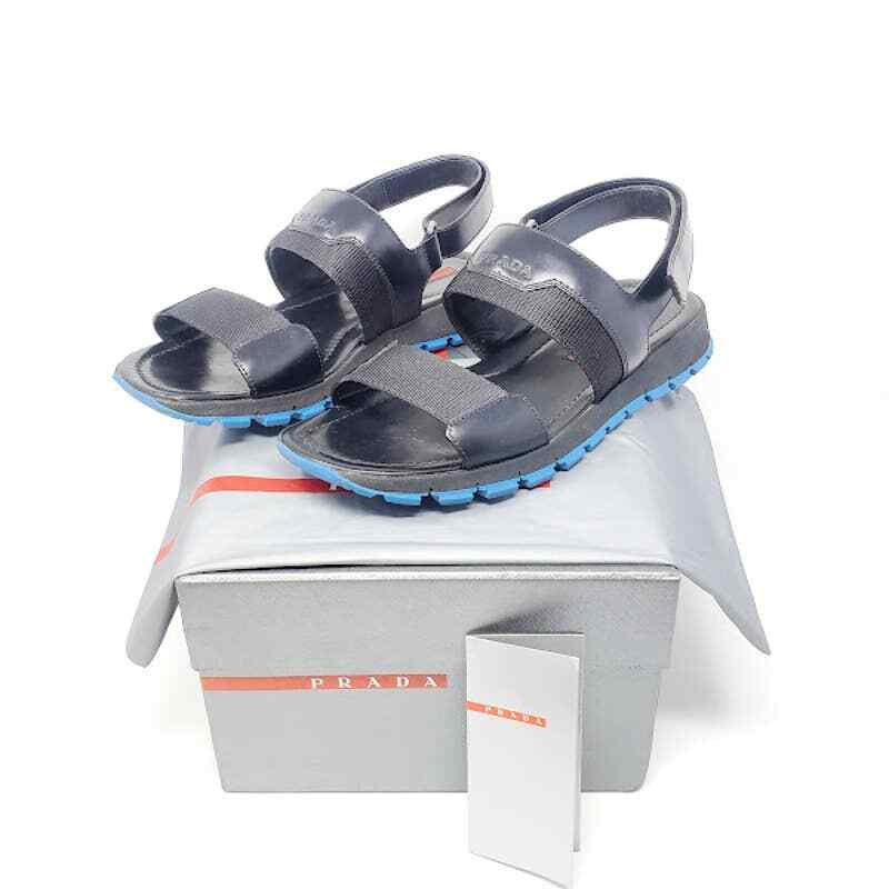 Prada LOGO Sandals Platform Black Leather Blue Rubber Sole Dad Sandals EU 39