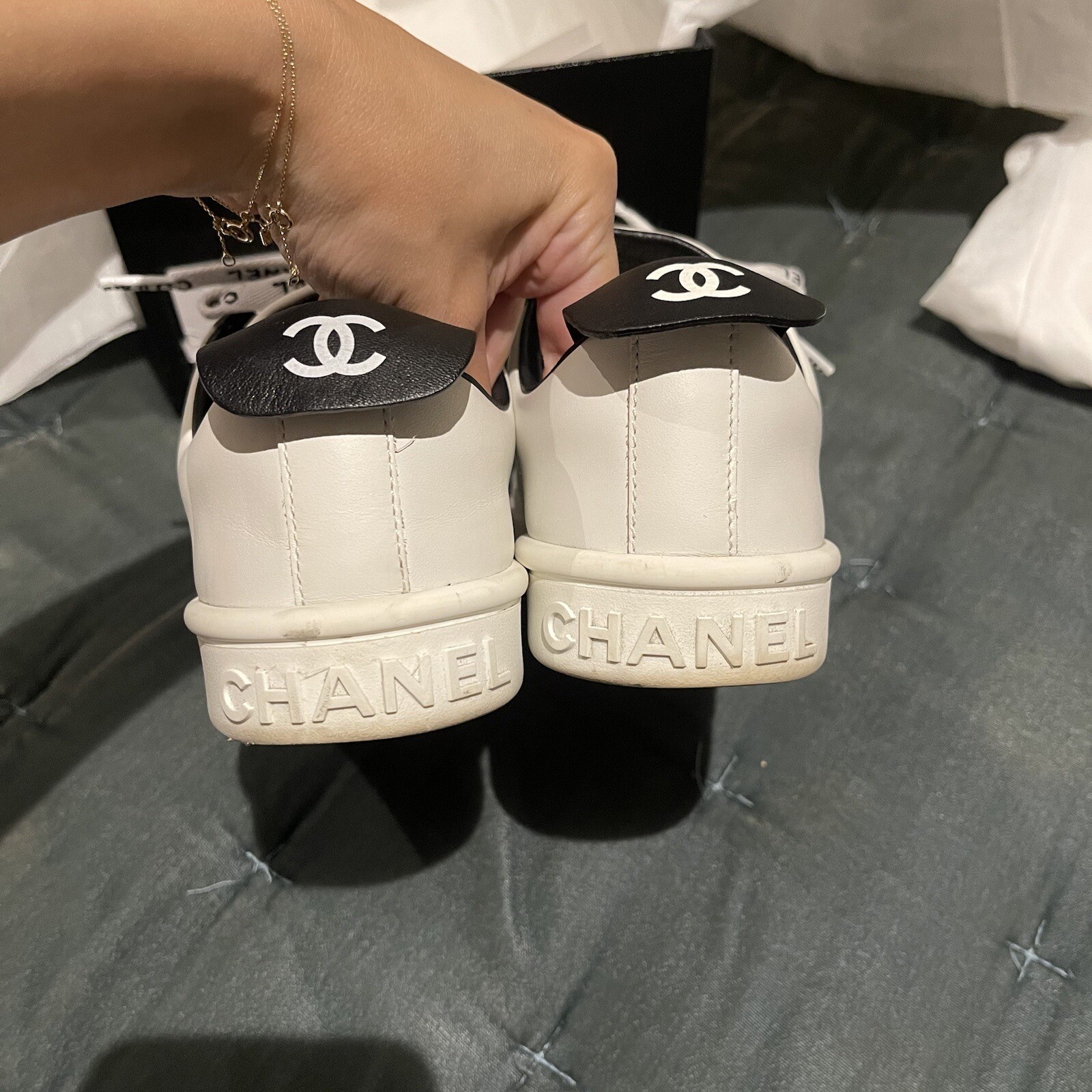 Chanel Logo Pull Tab Lace-up Sneakers White & Black Size 34.5