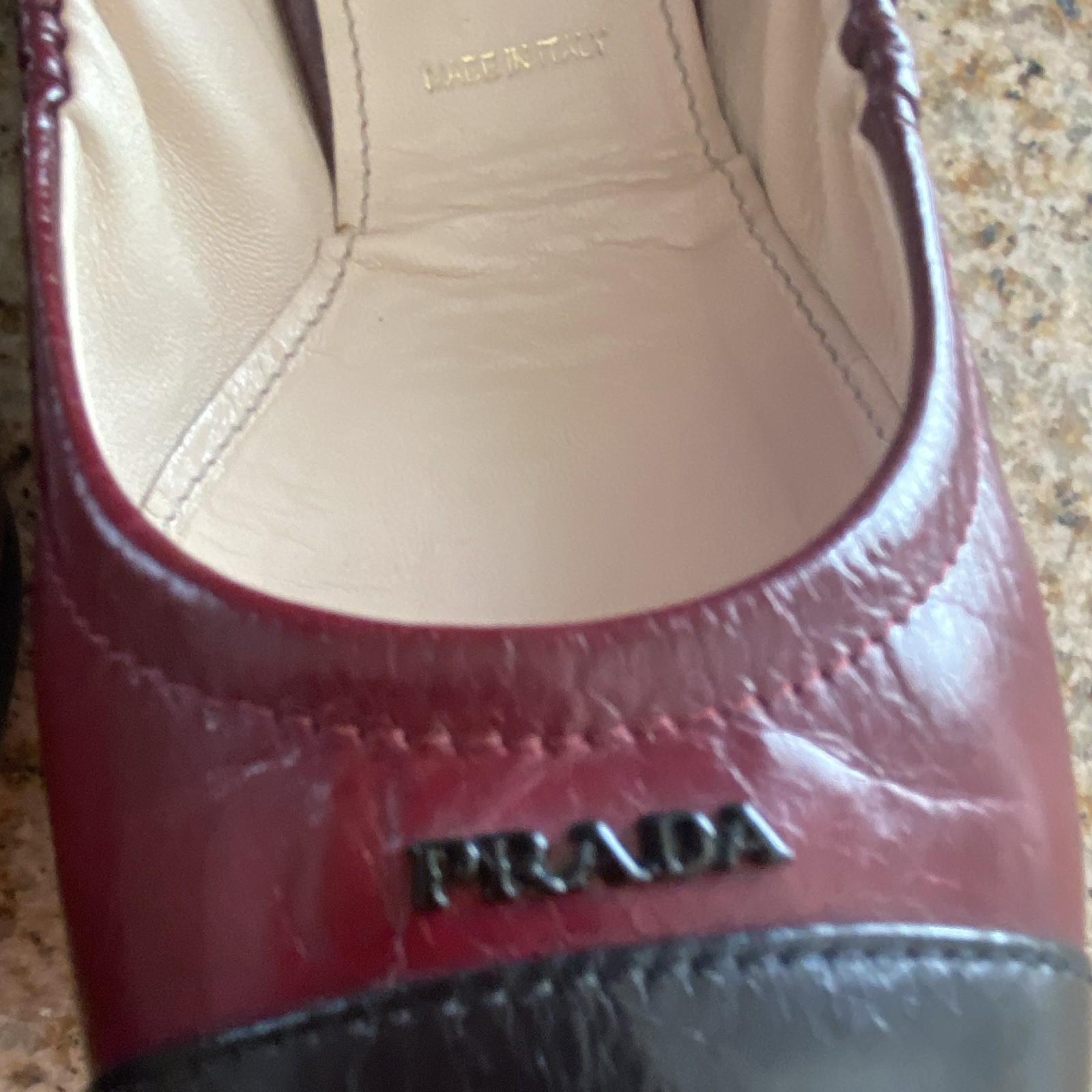 PRADA Women’s Burgundy Black Leather Cap Toe Ballet Flats Logo Slip-On US 8