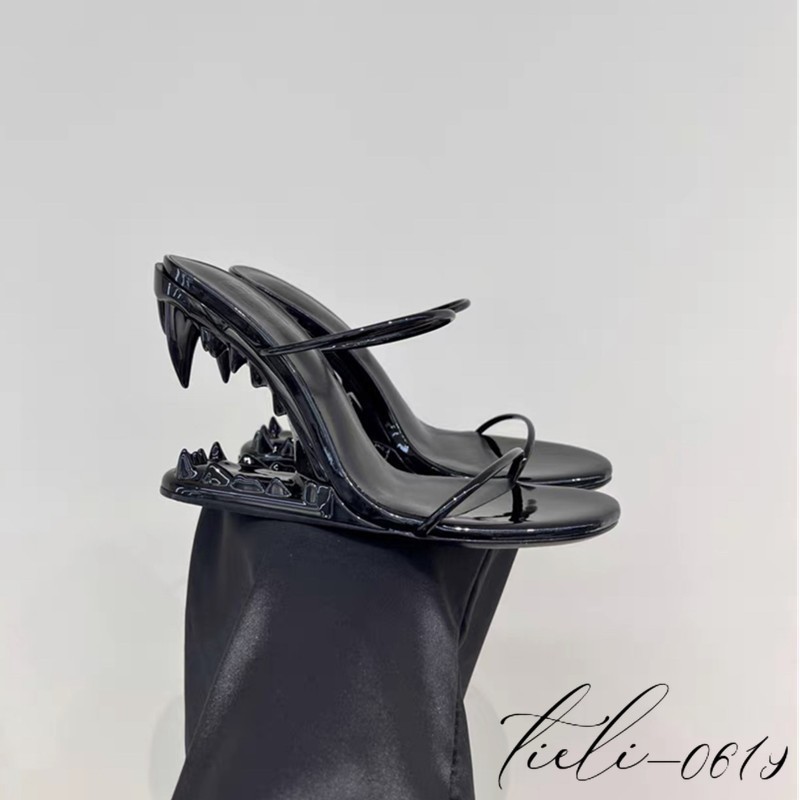 Women Metal High Teeth Heels Mules Sandals Oversize Slippers Fashion Show Runway
