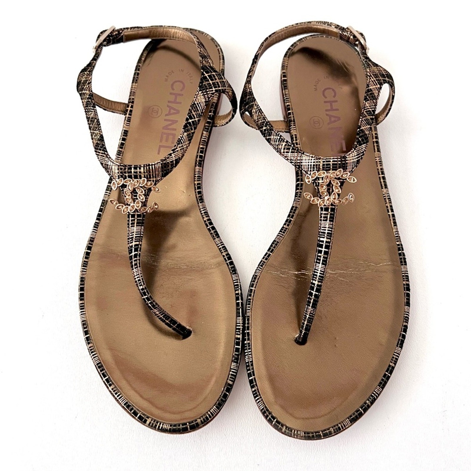 CHANEL | Gold Metallic Tweed Print Crystal CC Logo Thong Sandals 40C Wide