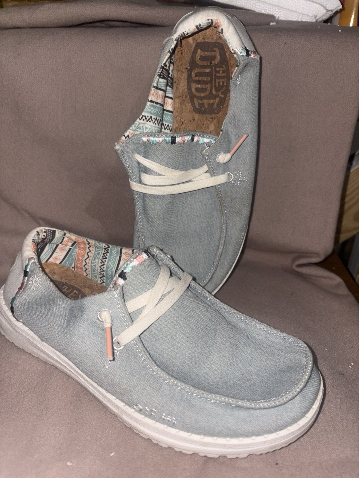 Hey Dude Wendy Boho Slip On Boat Shoes Casual Light Denim Loafer Womens 5