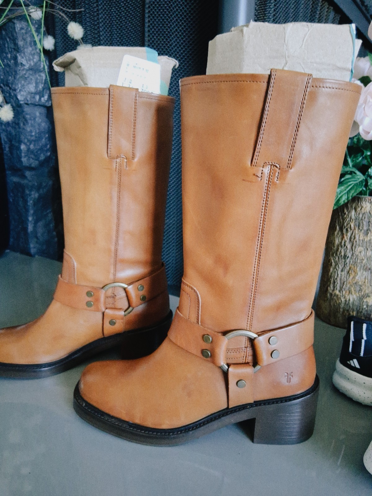 Frye Women’s Brown Leather Knee High Pull-On Riding Boots, Buckle, Round Toe