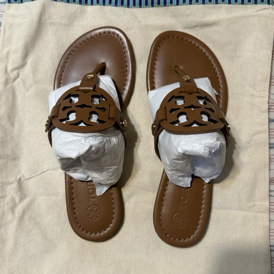 Tory Burch Vintage Vachetta Calf Leather Sandals Brown Logo US 6.5 New With Box