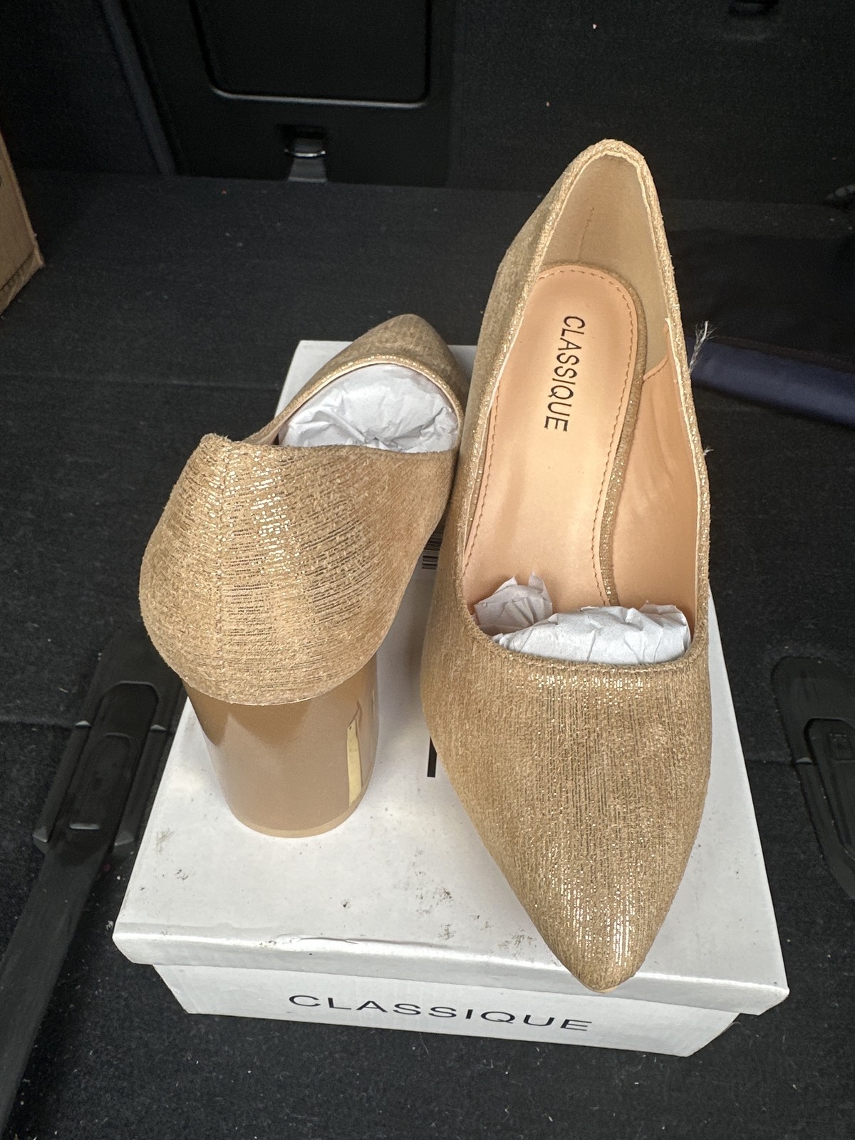 Classique Gold Shimmer Block Heel Pumps Mid-Heel Pointed Toe Women’s Size 7