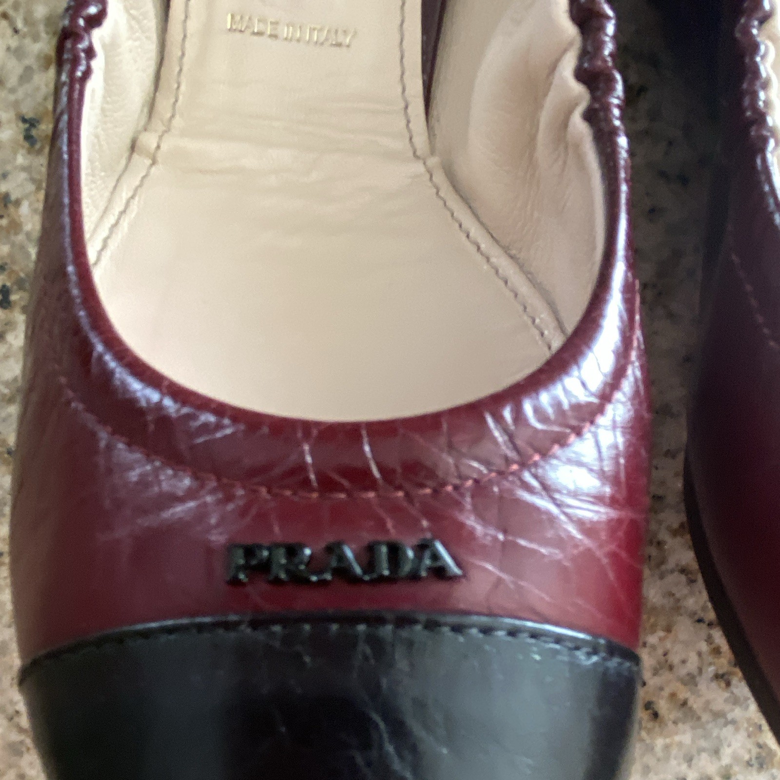 PRADA Women’s Burgundy Black Leather Cap Toe Ballet Flats Logo Slip-On US 8
