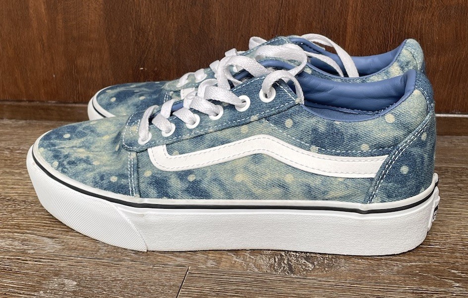 Vans Womens Old Skool Blue Denim Polka Dot Sneakers Size 8.5 Platform Shoe Clean