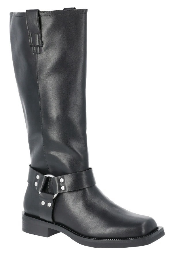 Time & Tru Black Faux Leather Tall Moto Harness Boots Womens Size 6, 7, 8.5,9,10