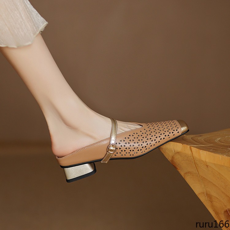 Womens Vintage Mary Jane Mules Square Toe buckle strap Cut Out Flats Daily Shoes