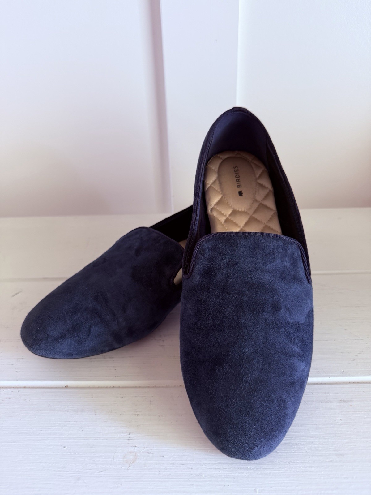 Birdies The Starling Loafers Wms 9.5 Navy Blue Suede Quilted Comfort Flats EUC