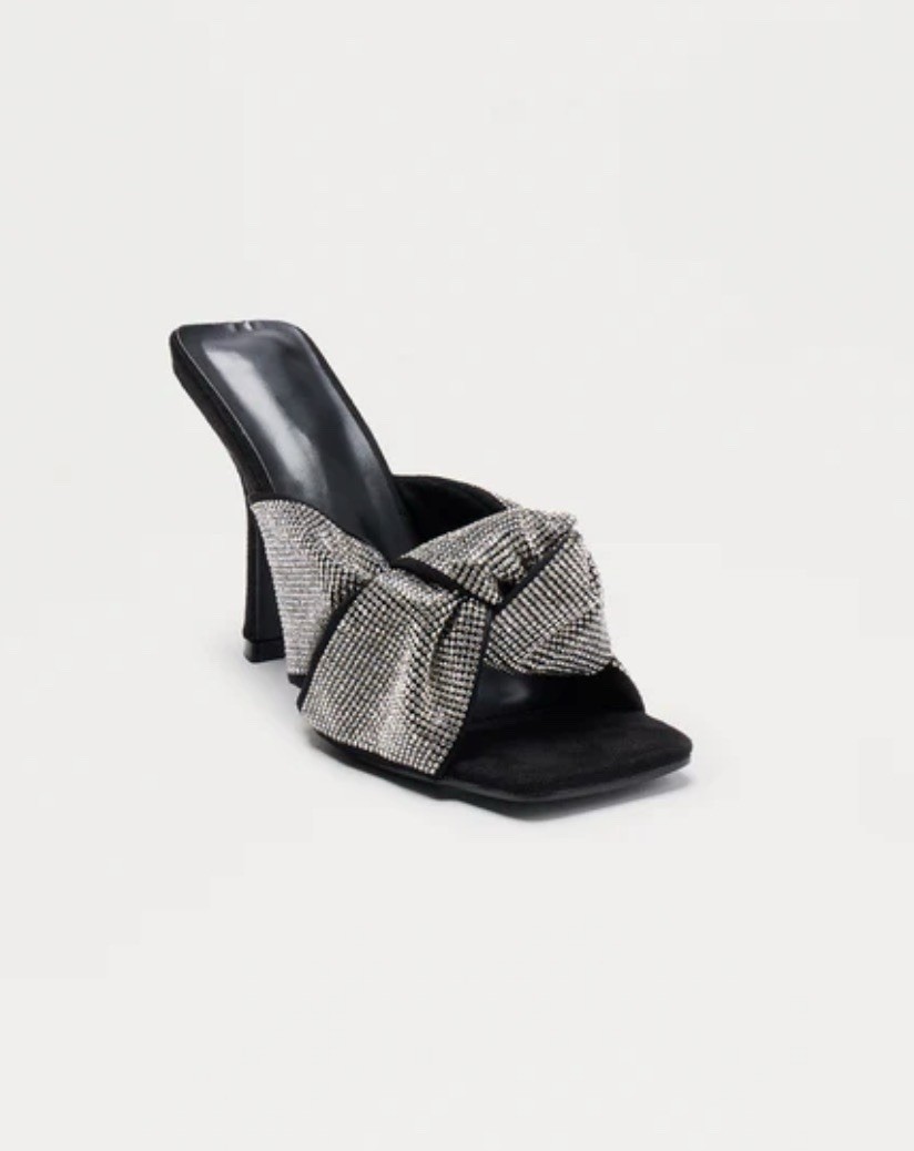 Wild Diva Black Silver Rhinestone Bow Slip-On Slide Sandals Women’s Size 6.5