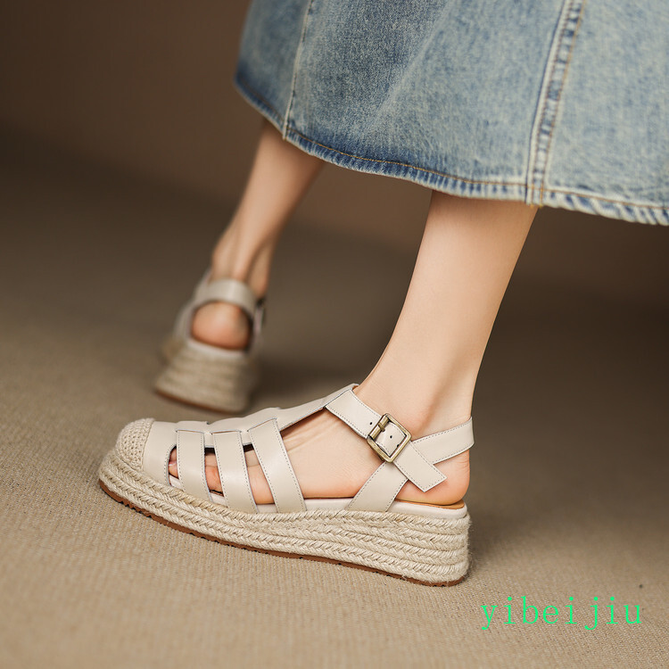 Women’s Roman Platform Weave Woven Sole Sandal Leather Shoes Low Wedge Heel 2026