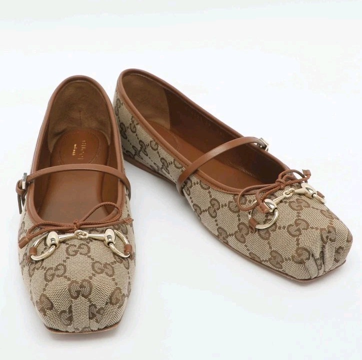 Gucci Horsebit Size 39 BeigeBrown GG Canvas and Leather Ballet Flats New In Box