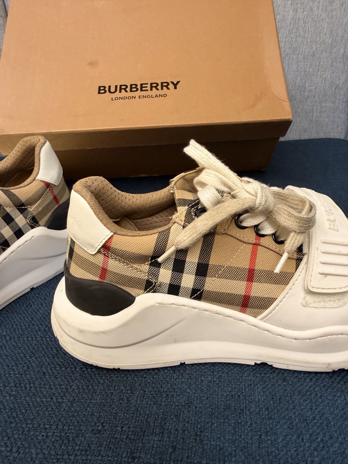 Burberry Regis Check Trainer Sneakers Beige/Black/White, Size 36