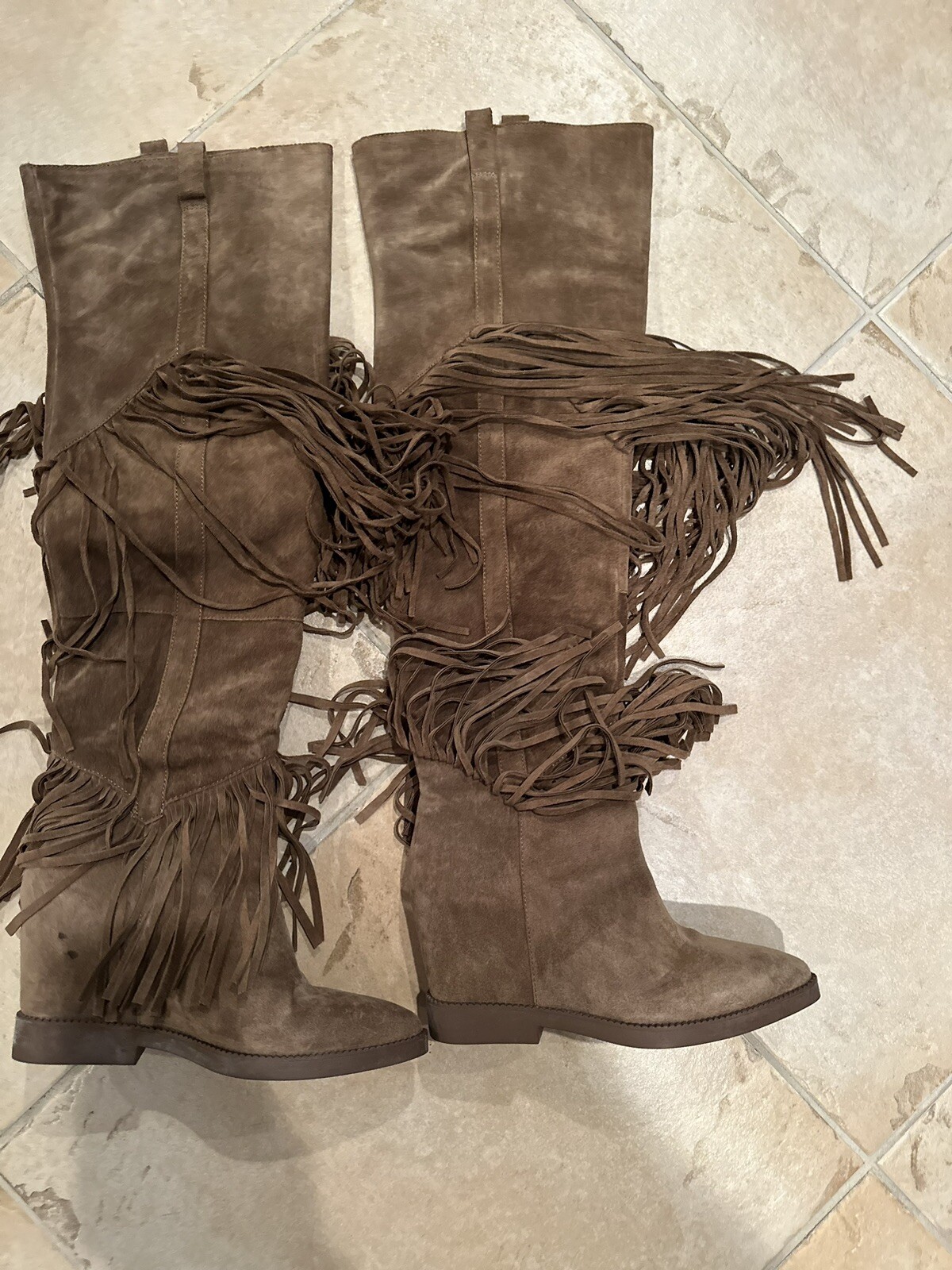 Ash Gipsy thigh high brown suede tiered fringe pull on boots Sz 8 (39M) HTF box