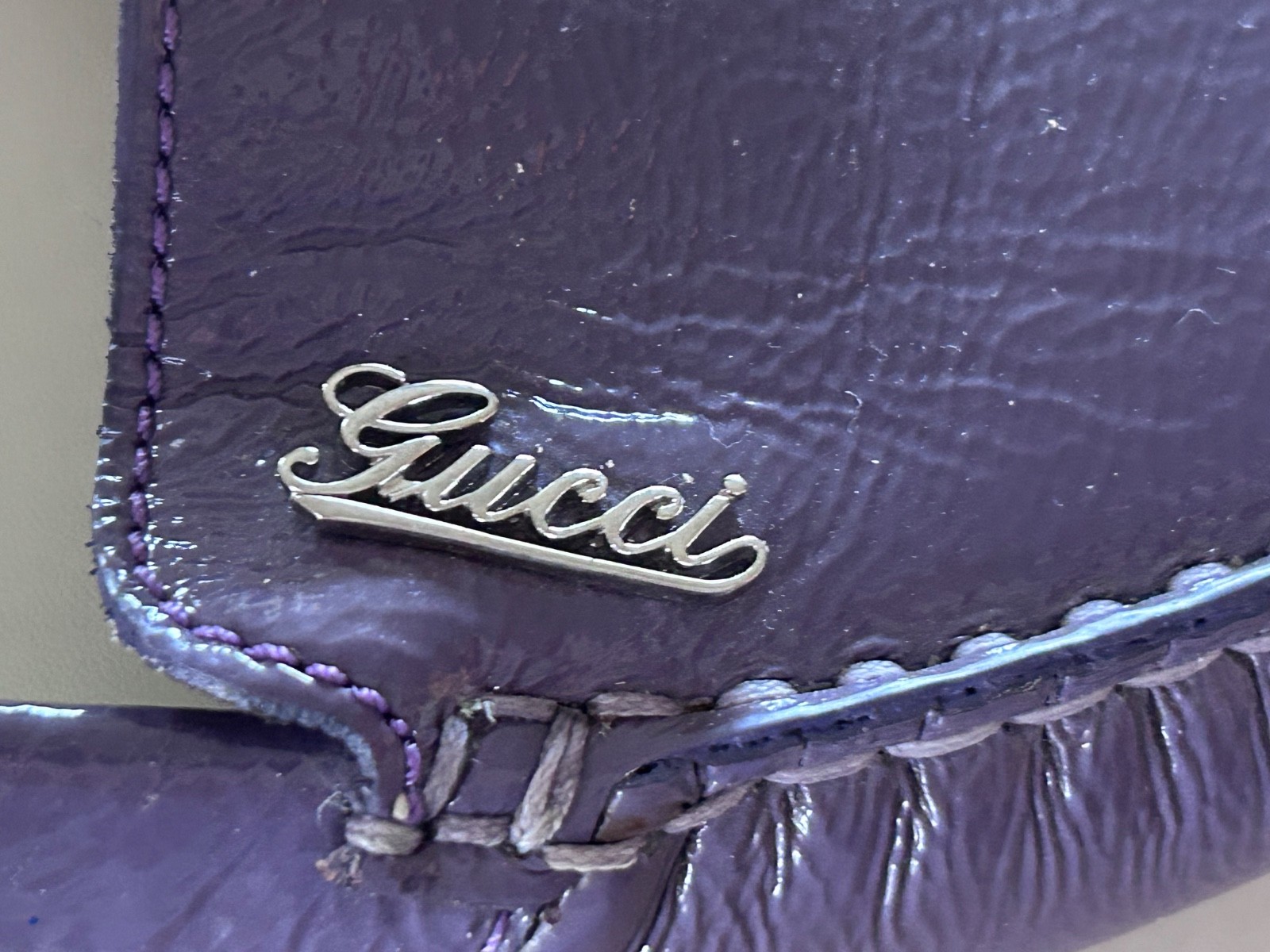 GUCCI Purple Patent Leather Script Logo Driving Loafers Shoes Womens 36 Italy
