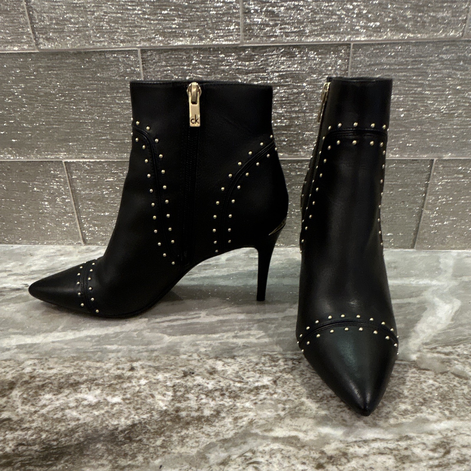 Calvin Klein Grazia Black Leather Studded Ankle Zip Booties Pointed Toe 9.5M