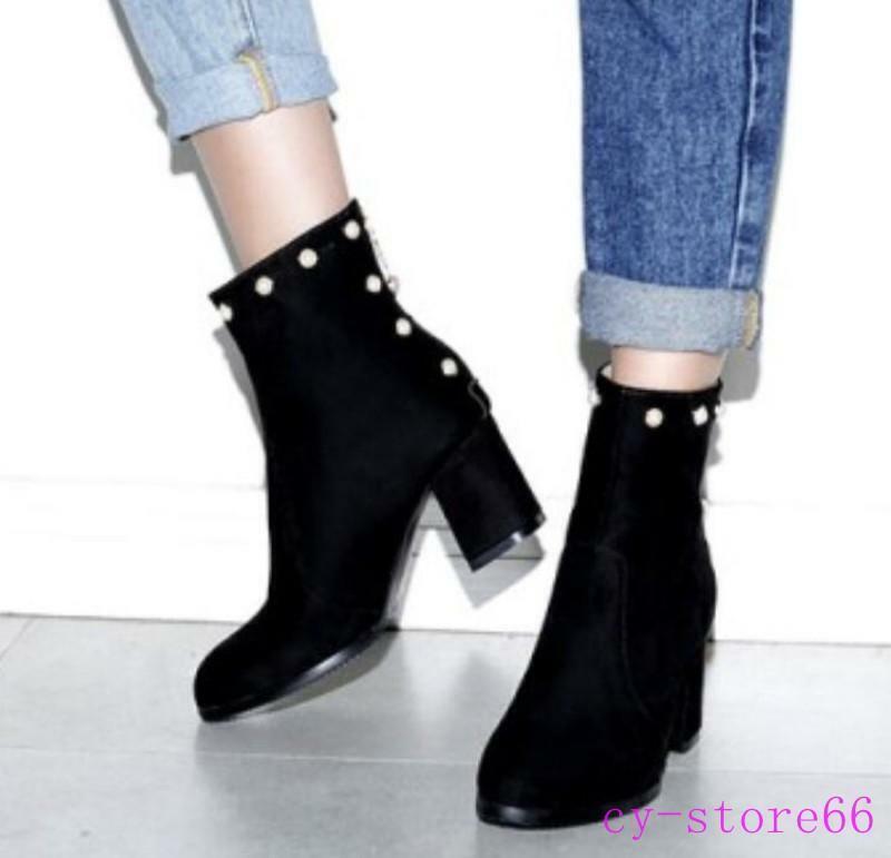 Womens Pearls Zipper Ankle Boots High Chunky Heel Casual Suede Shoes Clubwear