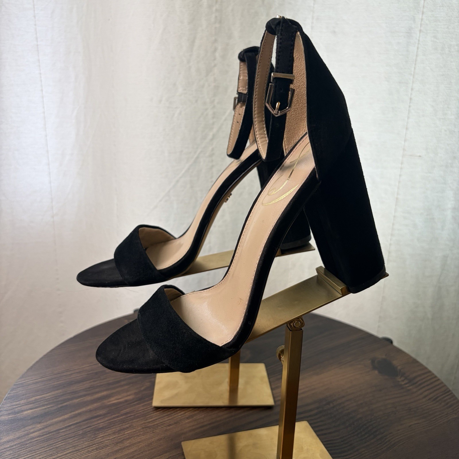 Sam Edelman Yaro Black Suede Ankle Strap Block Heel Sandals Women US 7 EUR 37⁠