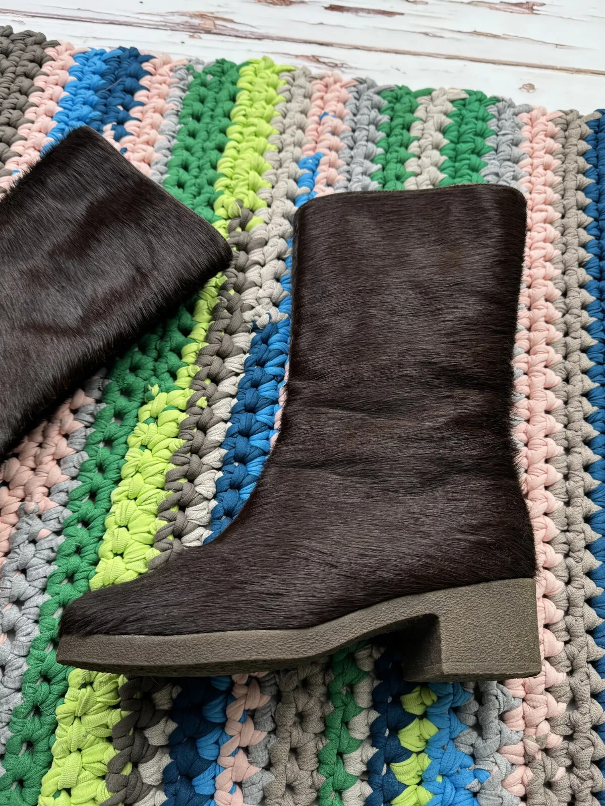 Vintage Women Real Fur Calf Hair Mid Calf Boots Chunky Sole Winter Leather Shoes