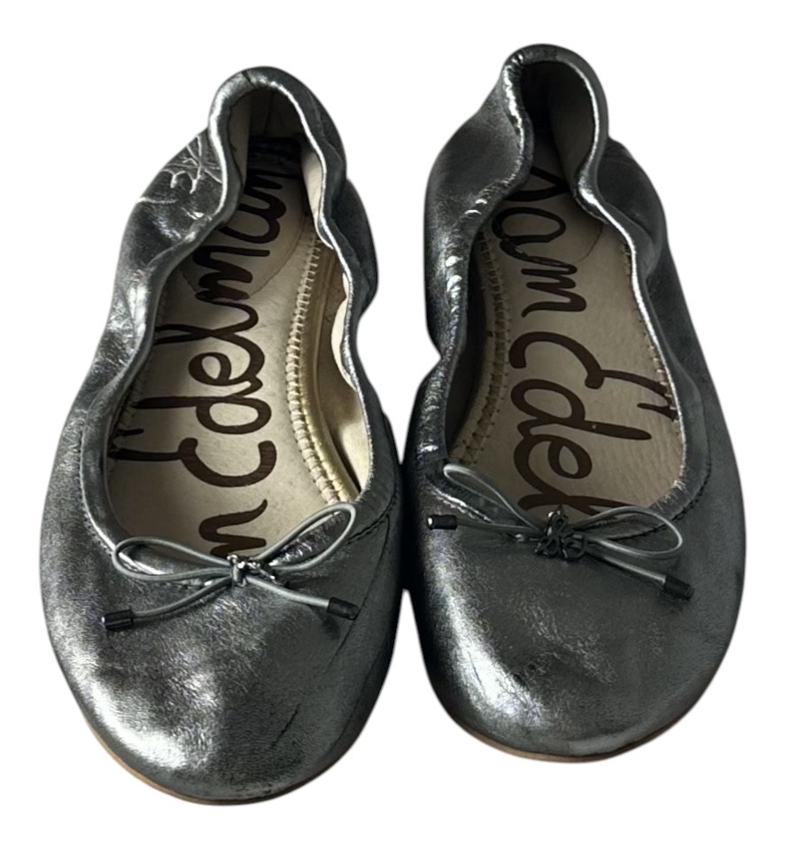 Sam Edelman Felicia Ballet Flats Shoes Sz 8.5 Silver Gray Leather Bow Old Money