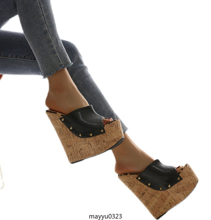 Women’s Peep Toe Rivet Wedge High Heel Platform Slip On Sandals Studded Shoes