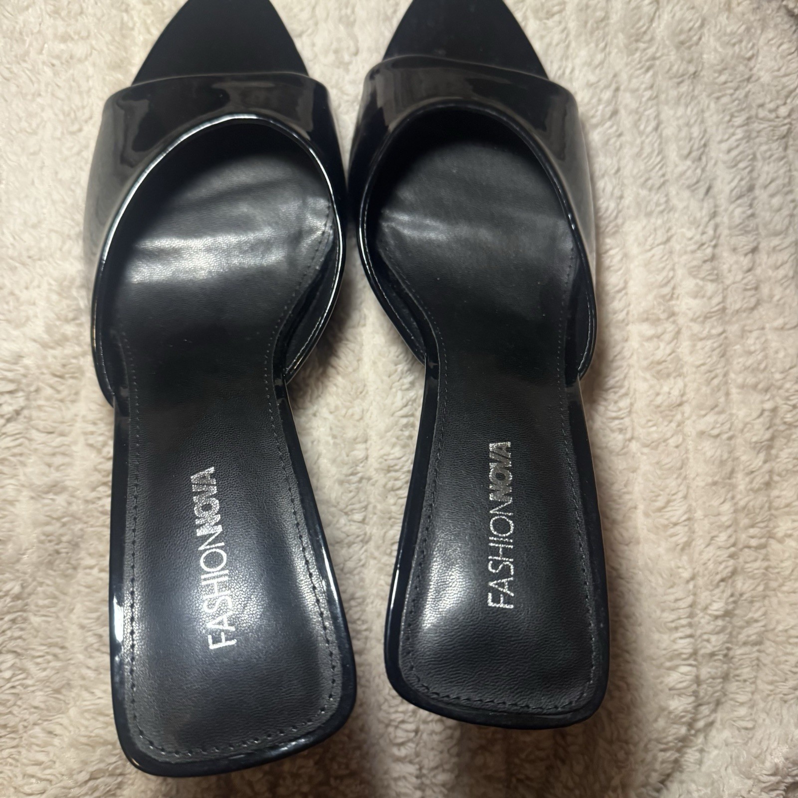 Fashion Nova Women’s Black Patent Leather Pointed Toe Slip-On Mule Stiletto 10