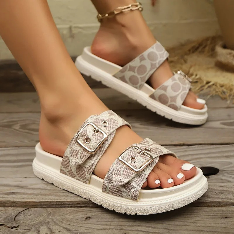 Womens Thick Sole Metal Buckle Slides EVA Cushion Slippers Designer Style Sandal