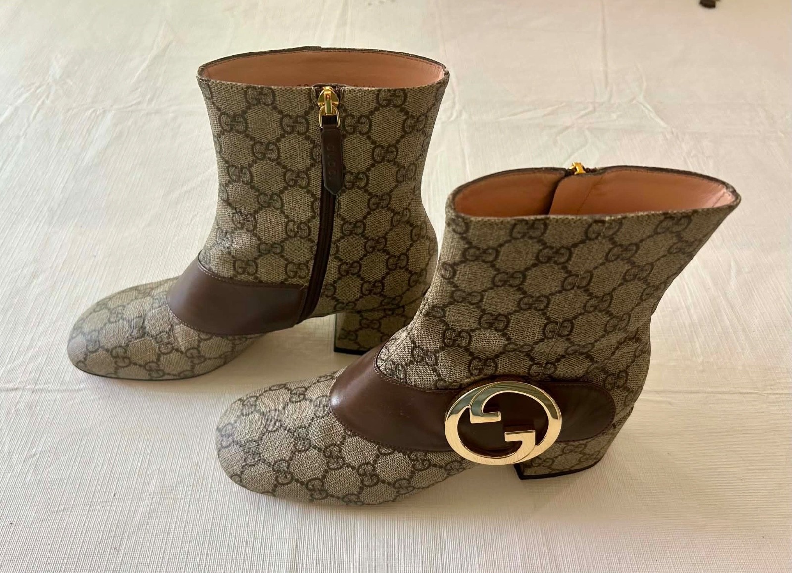 Gucci GG Supreme Logo Print Beige Canvas/Brown Leather Ankle Boots 38