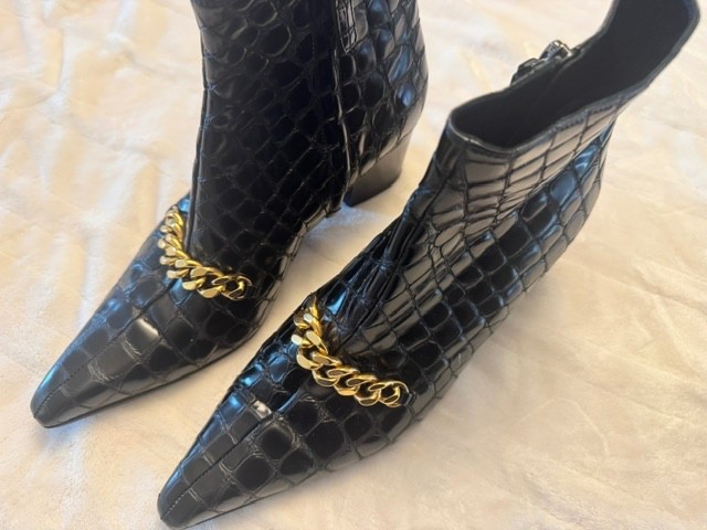 Tom Ford Black Leather Gold Chain Link Ankle Boots, black, size 39