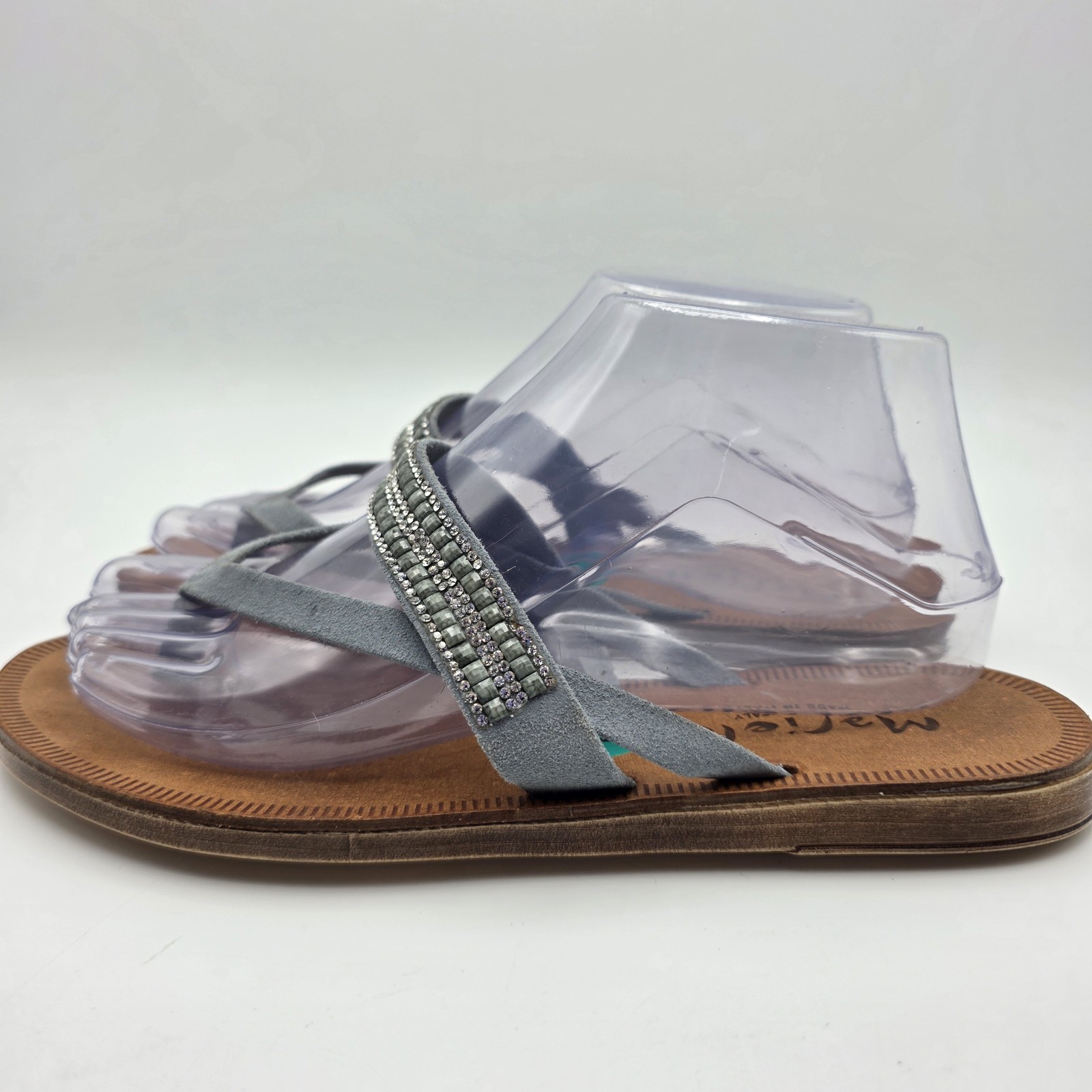 MARIELLA Sandals 8 Blue Gray Leather Glitter Rhinestone Thongs Slides Mules