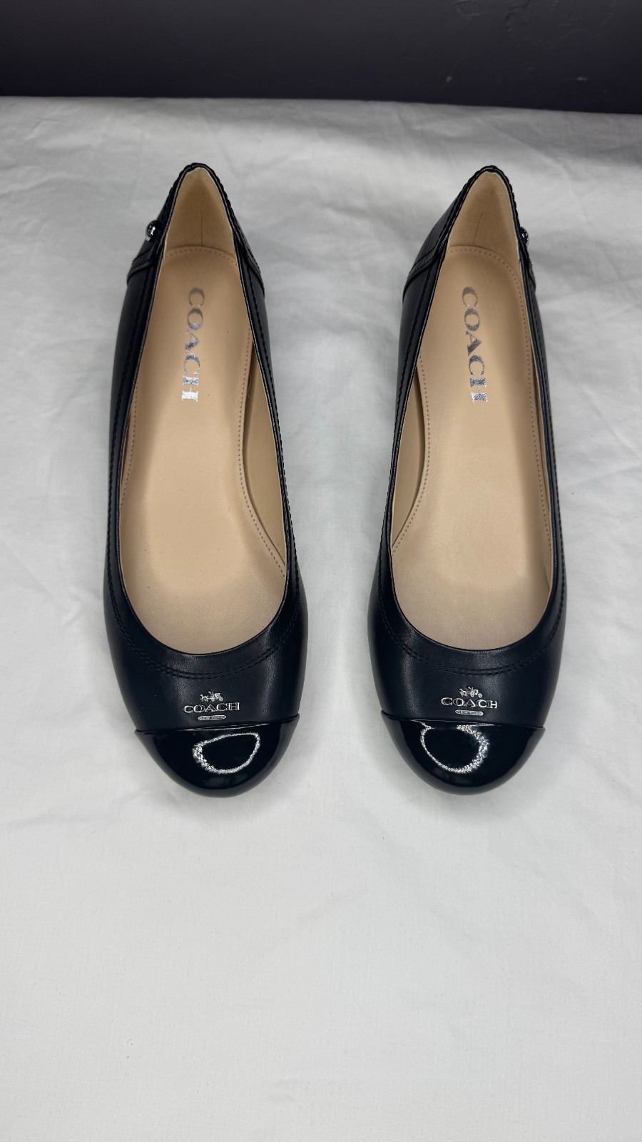 Coach Chelsea Ballet Flats Black Matte Calf Patent Cap Toe Leather Women’s Size