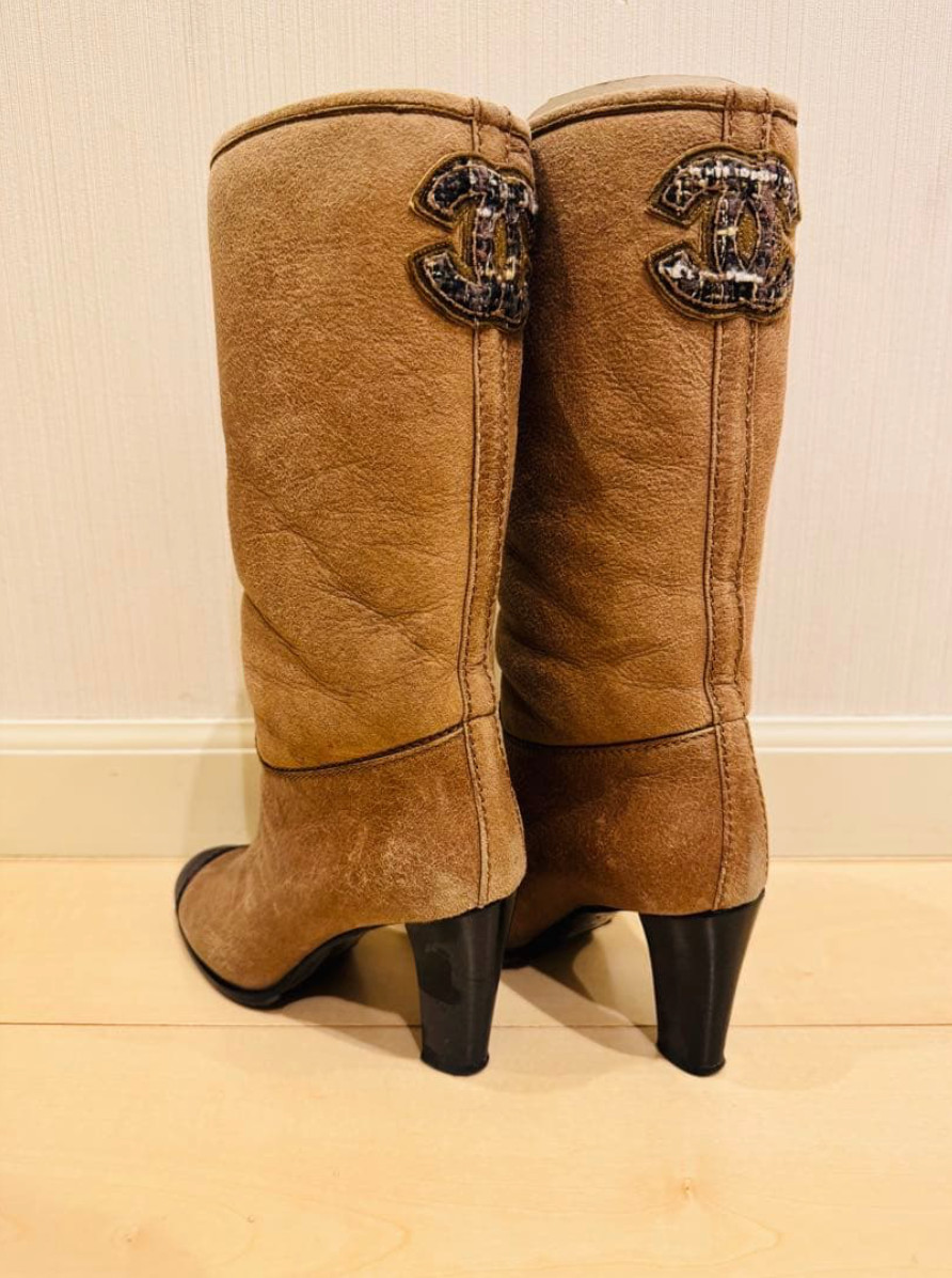 CHANEL Boots Shoes Cocomark Suede Boa Brown Size EU 36 US 6 Women’s