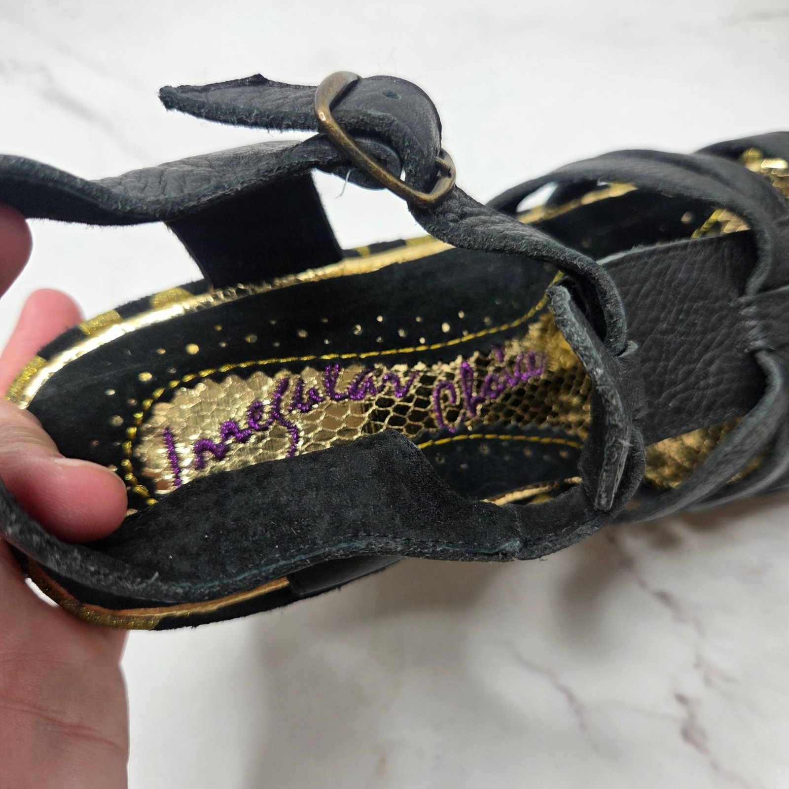 Irregular Choice Gold Black Platform Heels Leather Strappy Women’s 9