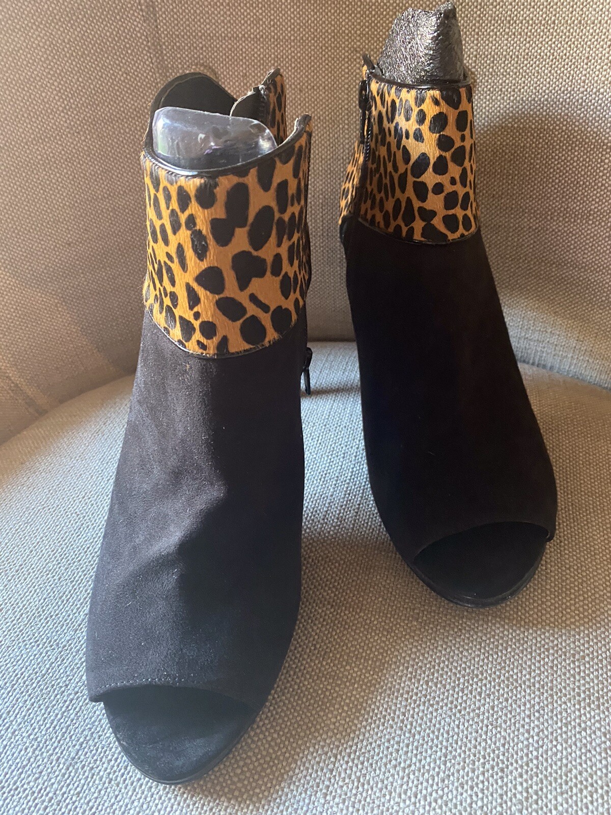 Nine West Open Toe 3.5 in. Black Suede Leopard Skin Bootie Pumps – Size 11 NIB