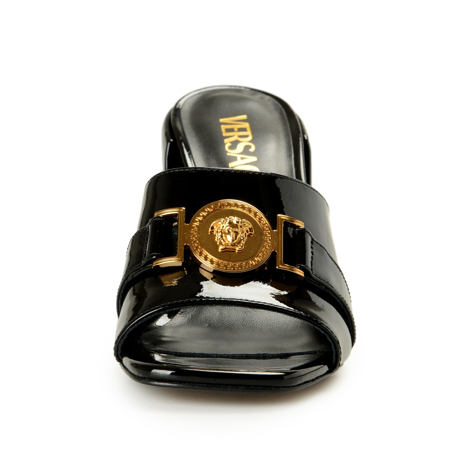Versace Women’s Black Patent Leather Gold Medusa Mules Sandals Shoes US 6 IT 36