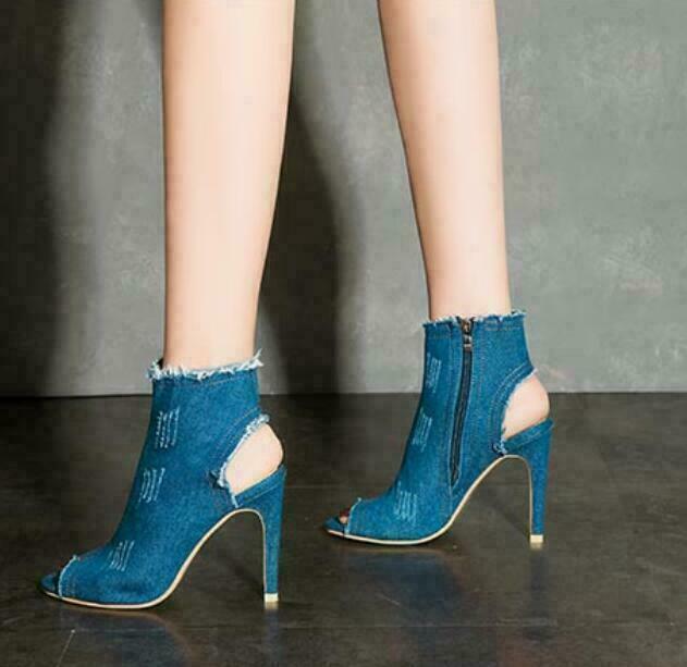 Women Open Toe Slingback Ripped Jeans Ankle Boots Denim Side Zip Stilettos Heels