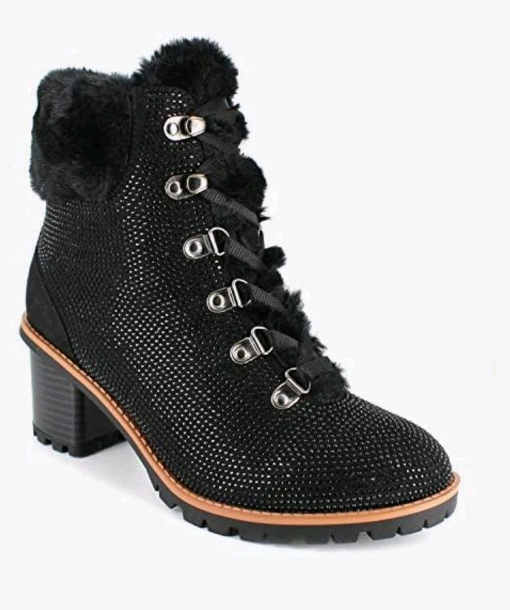 Nanette Lepore «Anais» Black Beaded Sparkle, Faux Fur Trim Stacked Hiker Bootie