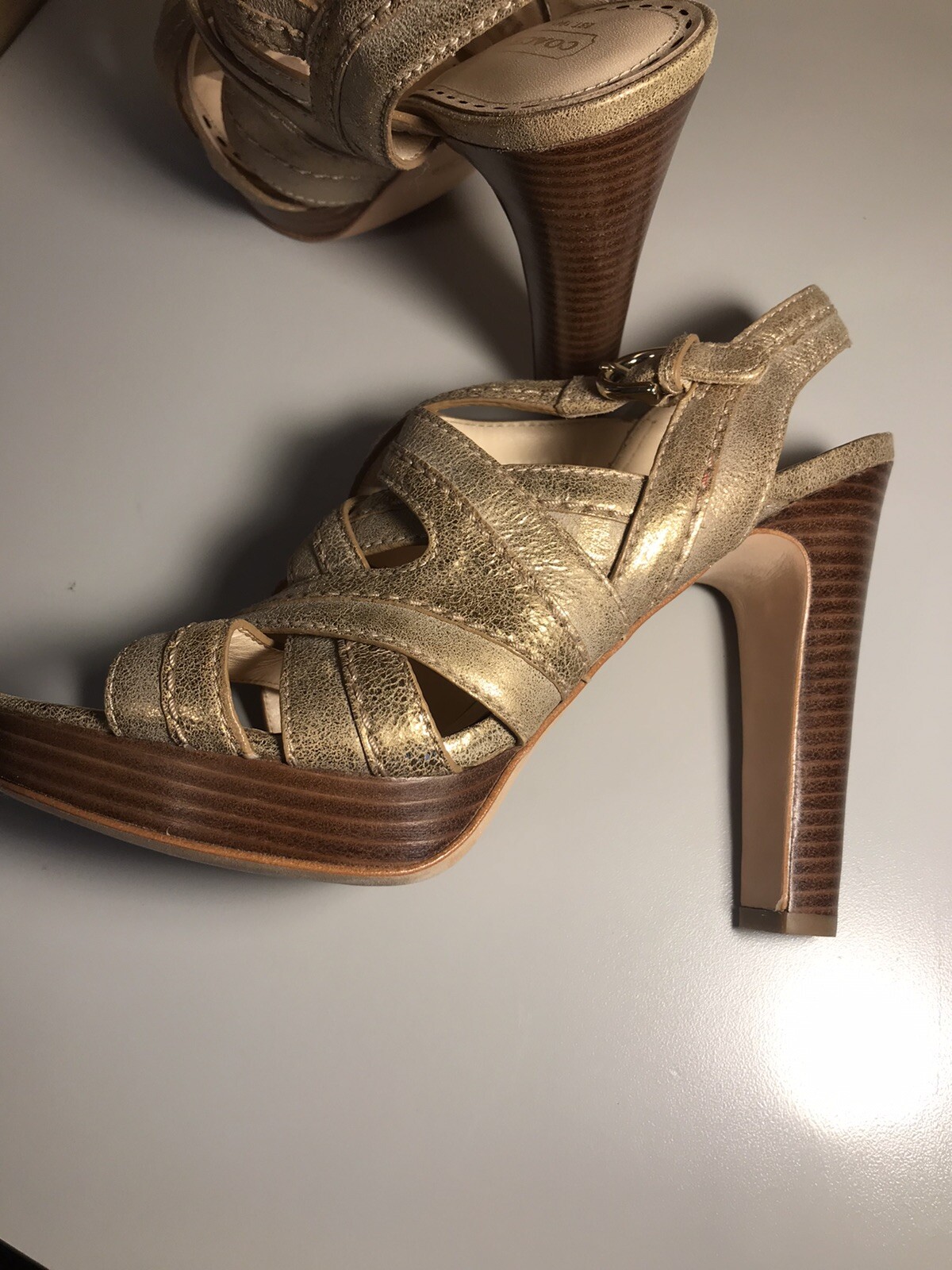COACH Brynne Gladiator SANDAL Gold WOOD PLATFORM 10 Ankle Strap