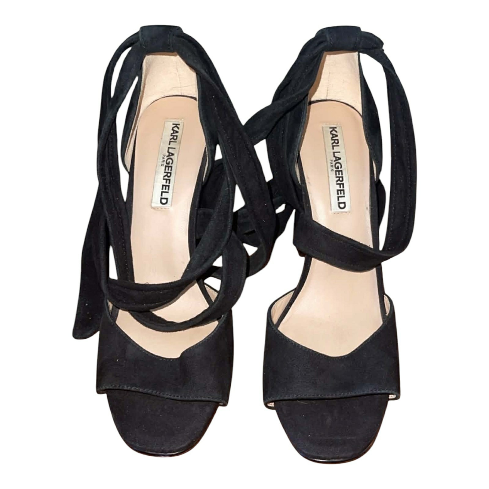 Karl Lagerfeld Paris Black Suede Ankle Wrap Block Heel Sandals Women’s Sz 7.5