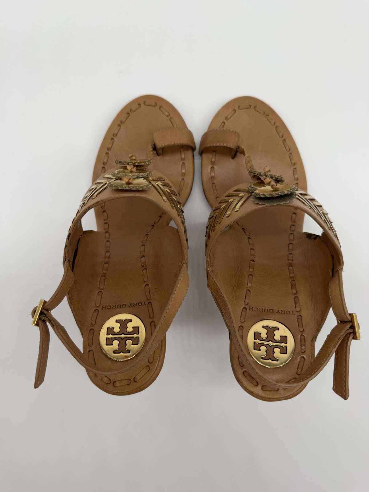 Tory Burch Caylan Leather Sandals Tan Gold Toe Ring Boho Style Heels Tribal Sz 8