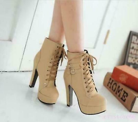 Women’s High Heel Platform Ankle Boots Knight Motorcycle Buckle Lace Up Shoes