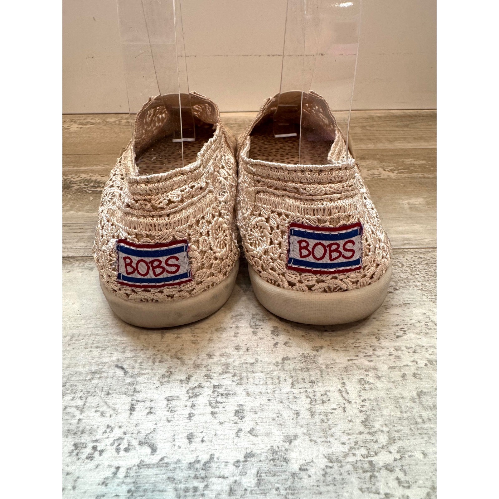 Skechers BOBS Crochet Slip-On Flats Beige Memory Foam Cottagecore Size 7.5 Boho