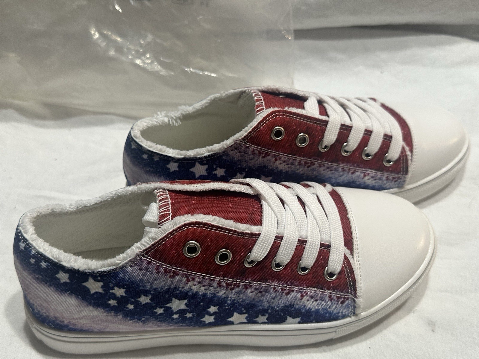 Women’s Canvas Sneakers American Flag Print Frayed Edges Lace Up Casual Sz 6.5