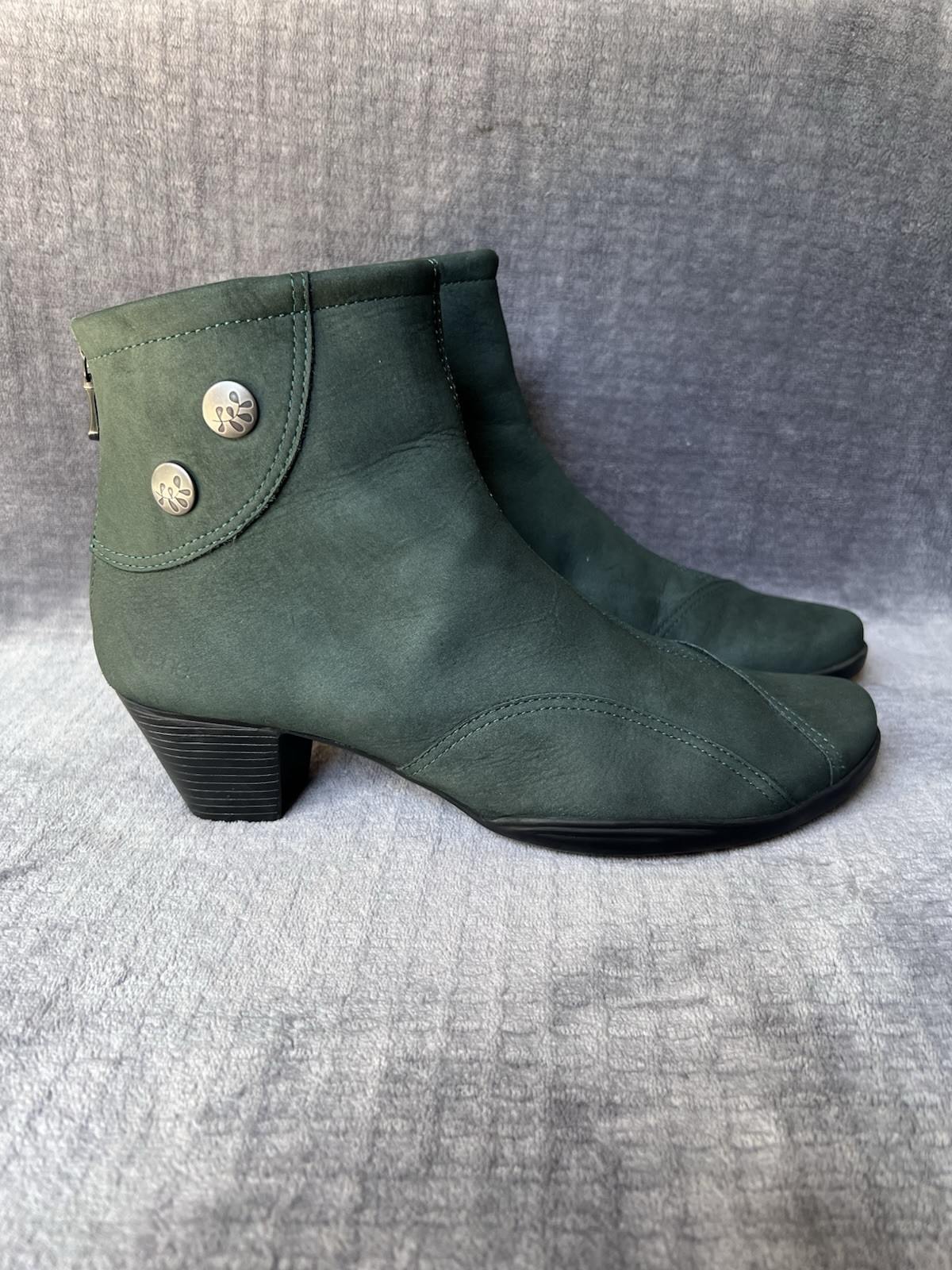 Arche Leather Ankle Boots Sz 40 , 9 Green Nubuck Stacked Heel Back Zipper France