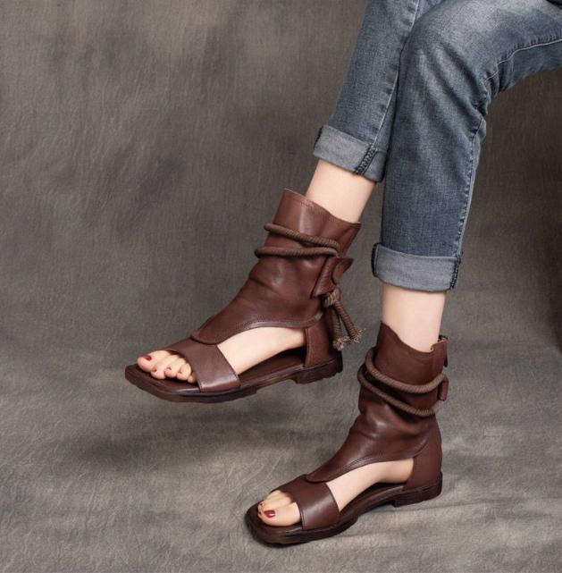 Women’s 100% Real Leather Retro Gladiator Soft Roman Sandals Ankle Boots Shoes