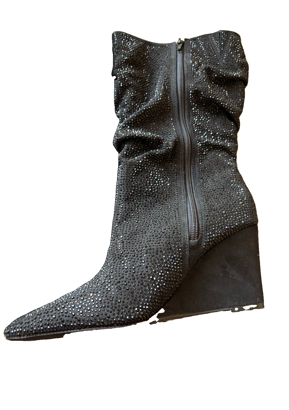 Women’s Black Leather Rhinestone Studded Knee High Boots Pointed Toe Zip 9