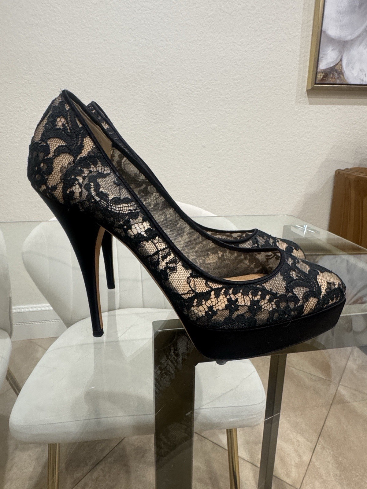 Oscar de La Renta Black Lace Pumps Platform With Sheer Overlay