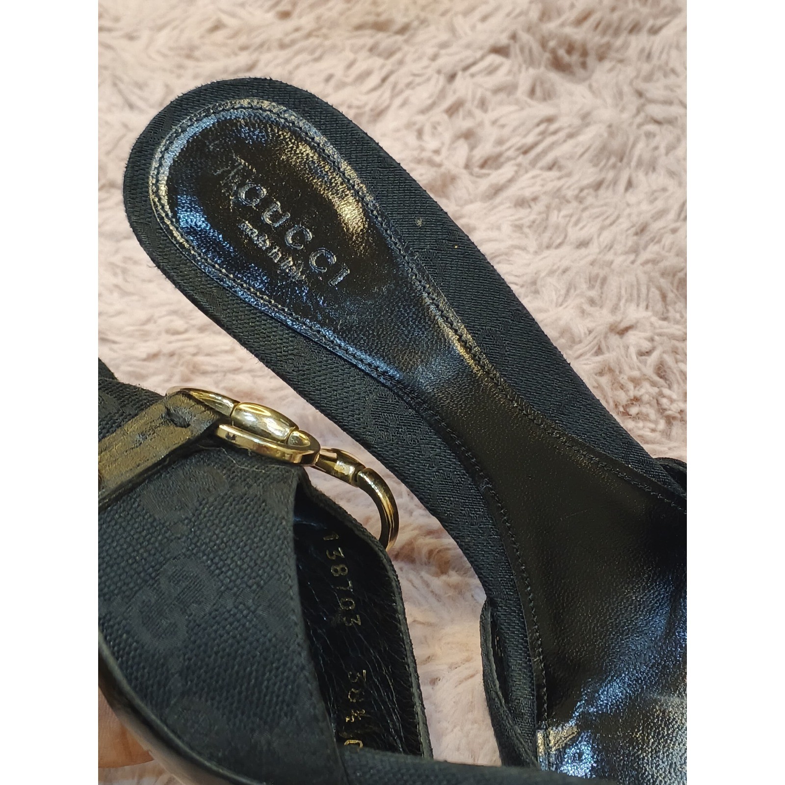 Gucci Horsebit GG Monogram Canvas Mules Black Stiletto Sandals 138703 Size 38.5