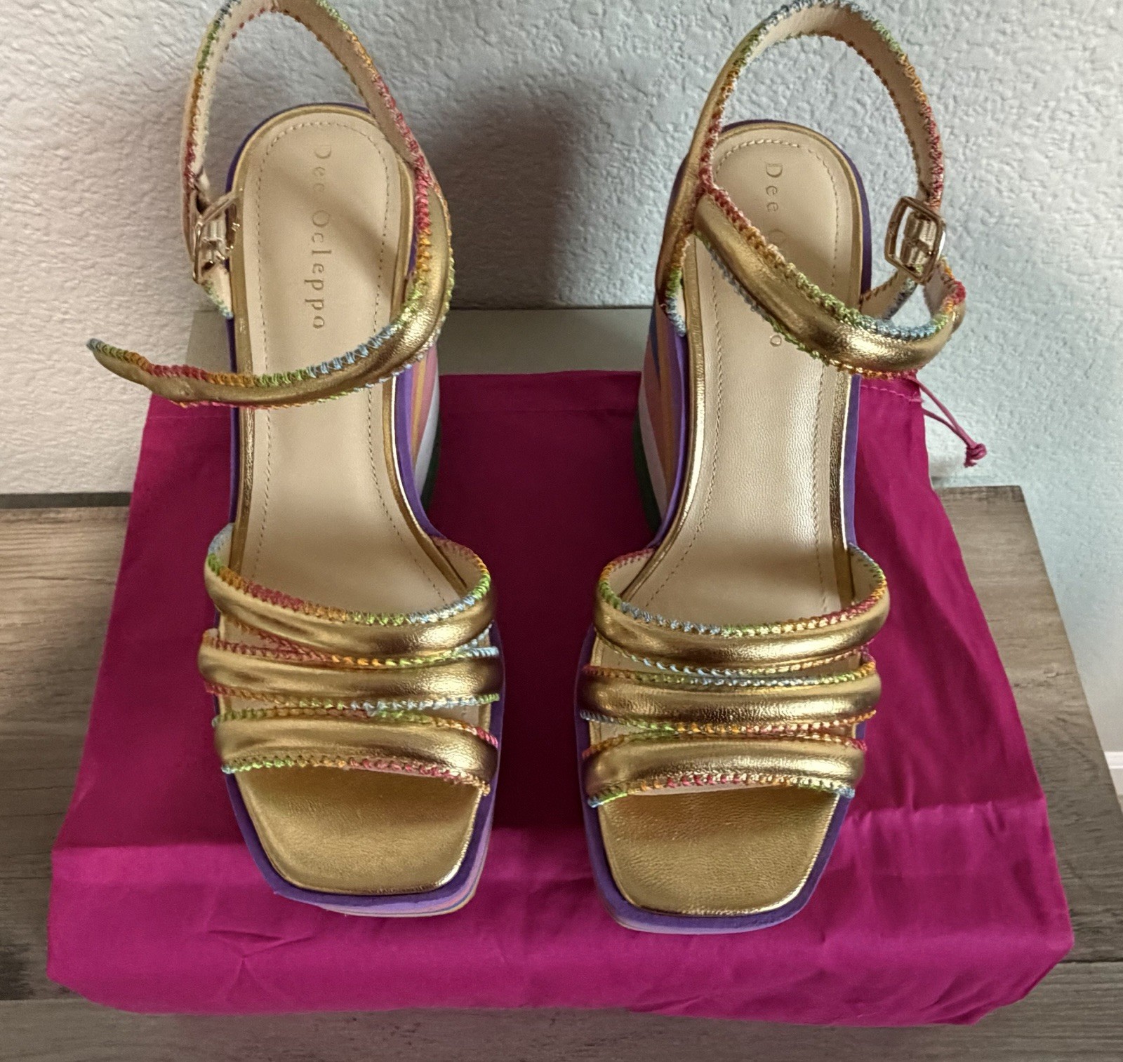 Dee Ocleppo Multicolor/Gold Striped Leather Platform Sandals Ankle Strap 6